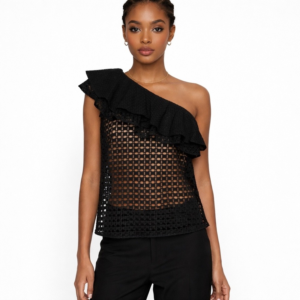J Crew Womens Top 6 Black Eyelet Nude Lined One Shoulder Classic‎ Whimsigoth